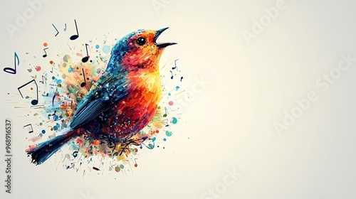 A brilliantly colored bird is depicted singing, surrounded by a burst of musical notes. The image radiates a sense of jubilance and is lively and full of motion.