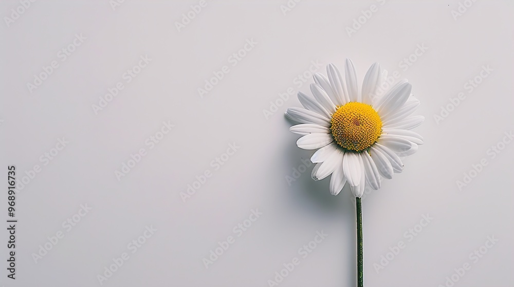 A single daisy with a bright yellow center and white petals on a pristine white background. A single daisy with a bright yellow center and white petals on a pristine white background.