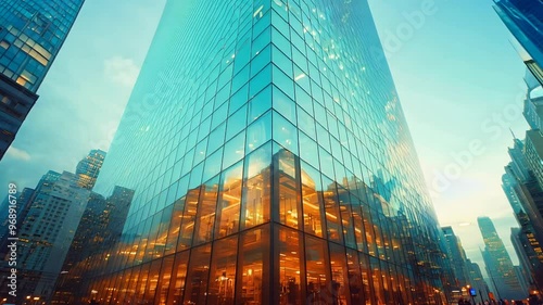 Low angle static shot: A modern glass skyscraper reflects the city lights at twilight.