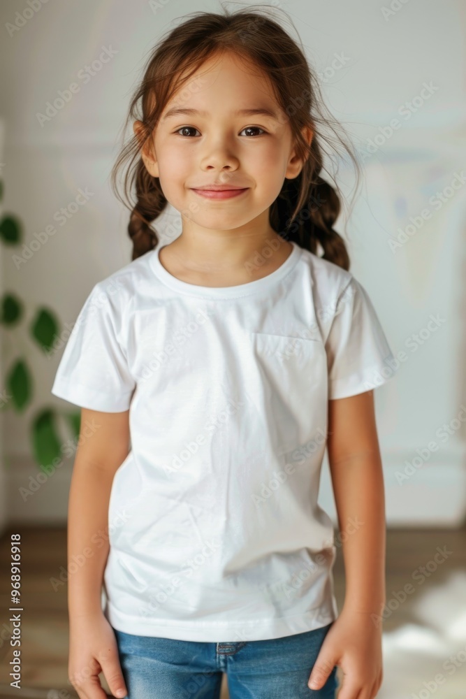 Smiling Young Girl in White T-Shirt with Pigtails Indoors