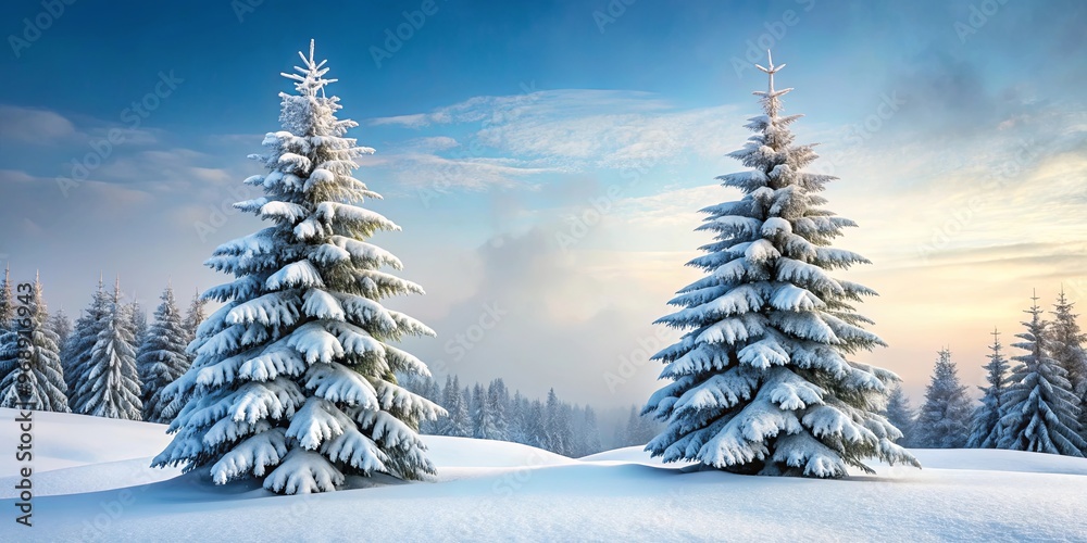 Obraz premium Winter scene with two snow-covered fir trees captured on film