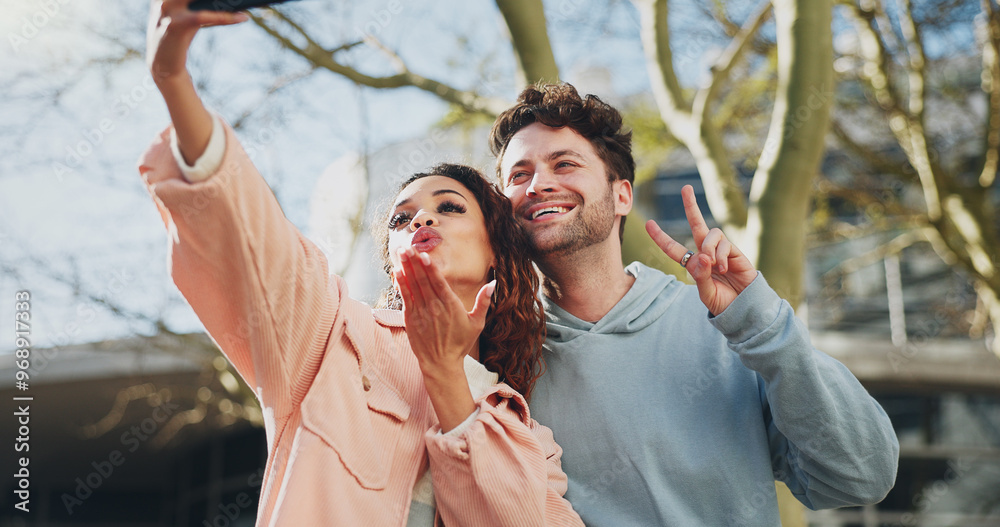 Fototapeta premium Happy couple, love and peace sign with selfie for memory, picture or photography at outdoor campus. Young man, woman or students with smile for moment, capture or friendship together at university