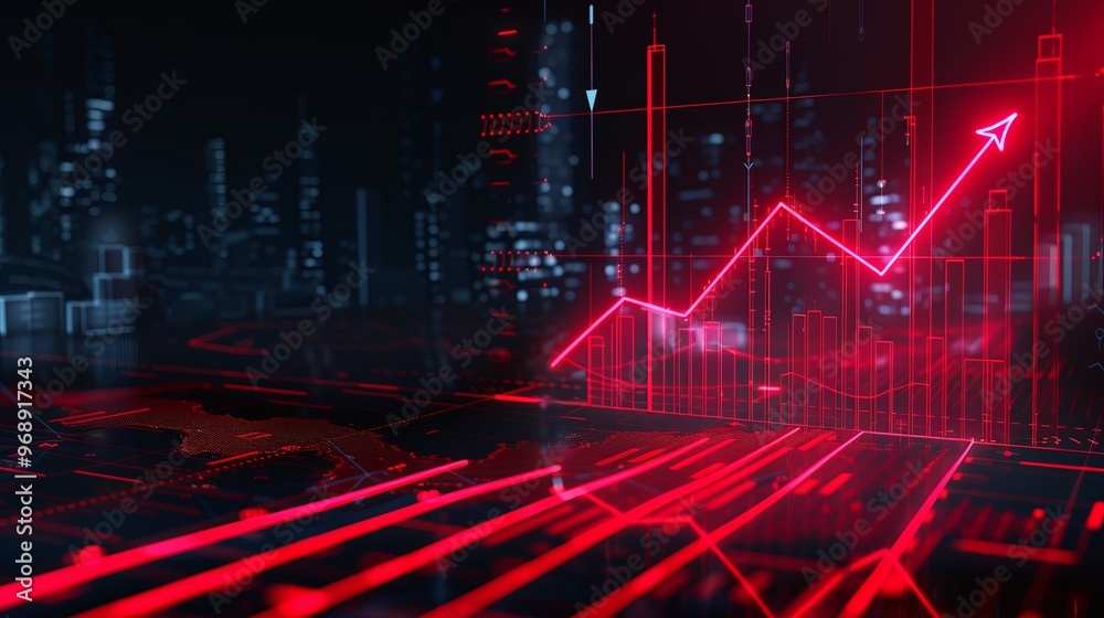 Real estate and property crisis. Dynamic red graph illustrating growth trends in a futuristic digital environment, symbolizing data analysis and financial success. Real estate and property crisis. Dynamic red graph illustrating growth trends in a futuristic digital environment, symbolizing data analysis and financial success.