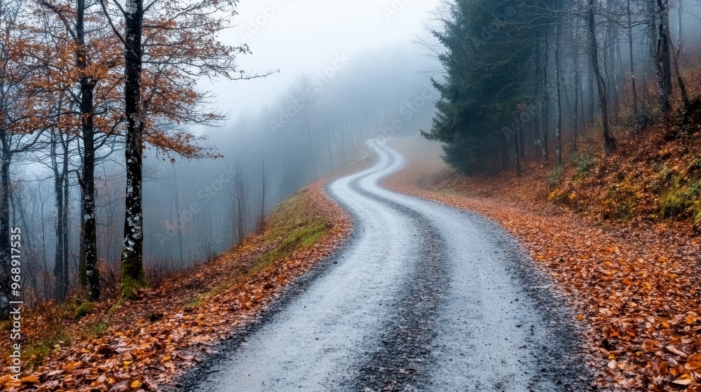 The image shows a winding road covered in fallen leaves, leading into a misty autumn forest, creating a sense of mystery and calm as it disappears into the foggy distance. The image shows a winding road covered in fallen leaves, leading into a misty autumn forest, creating a sense of mystery and calm as it disappears into the foggy distance.