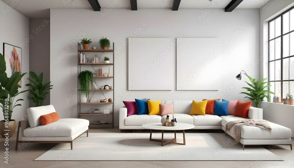 Photo modern style interior room 3d illustration Interior frame living room with colorful white sofa Photo modern style interior room 3d illustration Interior frame living room with colorful white sofa