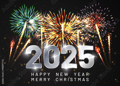 Happy new 2025 year Elegant text with light effect and fireworks.
