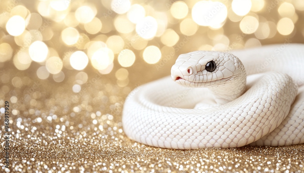 Fototapeta premium White Python Snake on Golden Shiny Background, Exotic Pet, Tropical Reptile, Festive Holiday Theme.