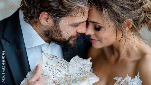 A couple dressed in formal wear is intimately engaged in reading an old handwritten letter together, capturing a moment of shared history, romance, and connection amidst blurred surroundings. photo