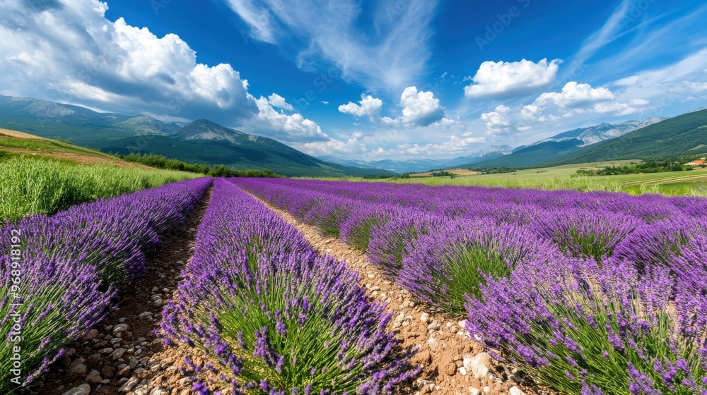 Obraz premium Rows of vibrant lavender fields stretch towards the horizon, complemented by distant mountains and a blue sky dotted with white clouds, presenting an awe-inspiring landscape.