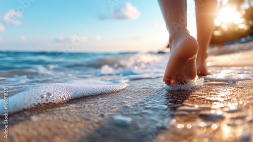 An image of a person walking along the shoreline with waves gently touching their feet during sunset, capturing the peaceful essence of a beach at dusk. photo