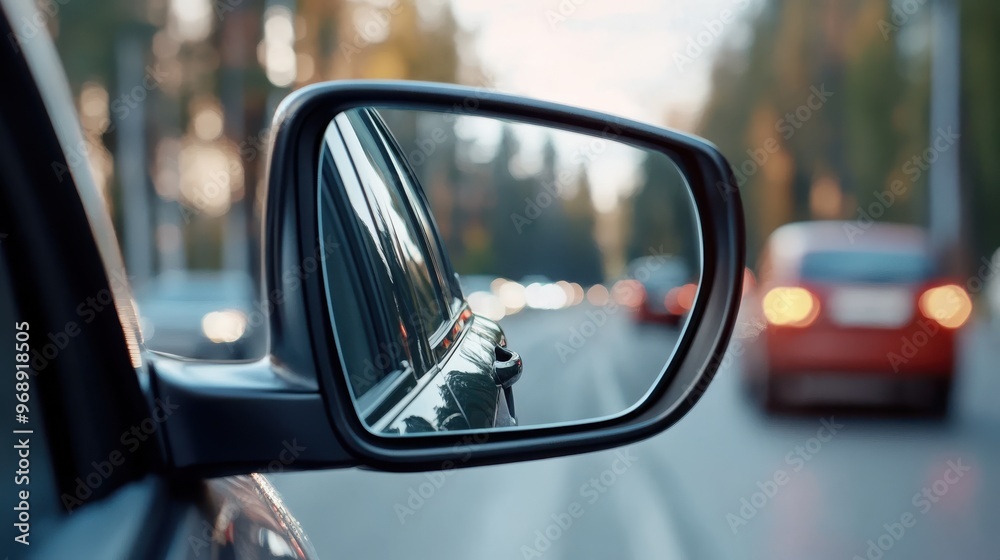 An urban traffic scene captured through the side mirror of a car, showing multiple vehicles on the road with trees lining the roadside, highlighting movement and daily commute. An urban traffic scene captured through the side mirror of a car, showing multiple vehicles on the road with trees lining the roadside, highlighting movement and daily commute.