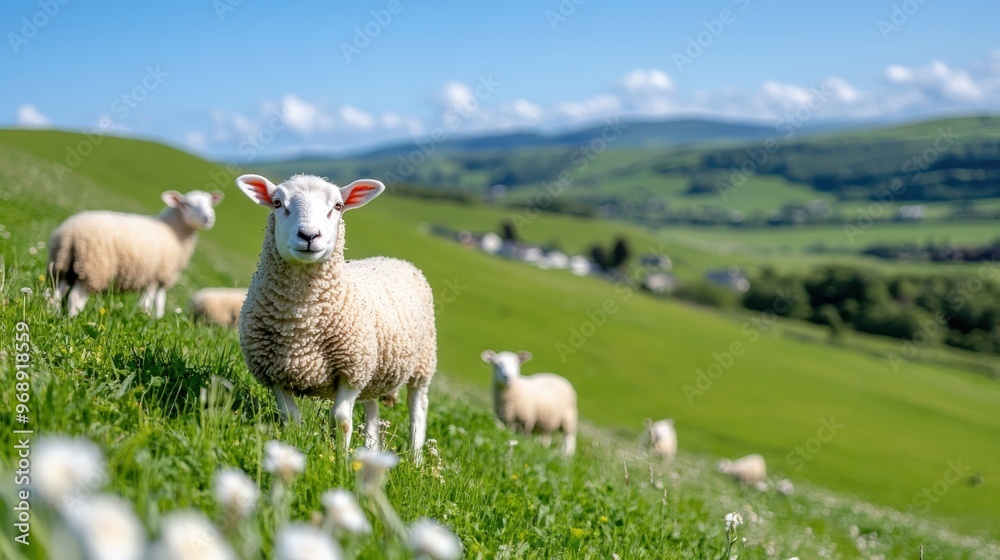 An image depicting peaceful sheep standing in open green fields with a distant scenic hill backdrop under a clear blue sky, illustrating rural life and natural beauty. An image depicting peaceful sheep standing in open green fields with a distant scenic hill backdrop under a clear blue sky, illustrating rural life and natural beauty.