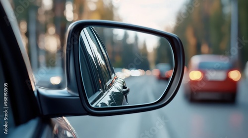 An urban traffic scene captured through the side mirror of a car, showing multiple vehicles on the road with trees lining the roadside, highlighting movement and daily commute.