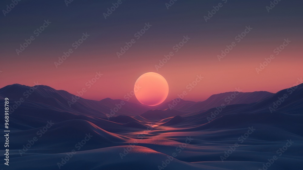 Fototapeta premium A serene landscape at sunset, showcasing rolling hills and a glowing sun against a colorful sky.