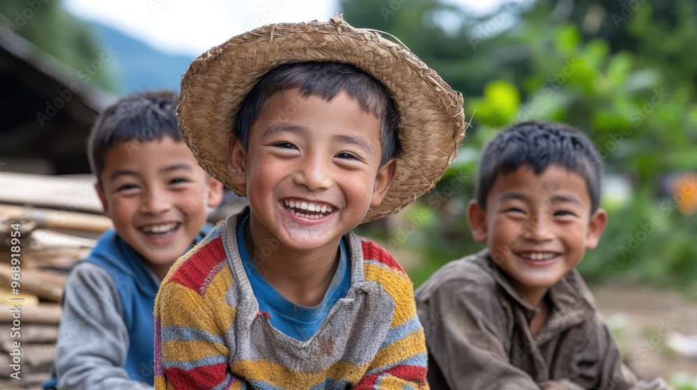 Three happy children dressed in colorful attire are smiling widely, seated outdoors in a natural setting, enjoying each other's company and the serenity around them. Three happy children dressed in colorful attire are smiling widely, seated outdoors in a natural setting, enjoying each other's company and the serenity around them.