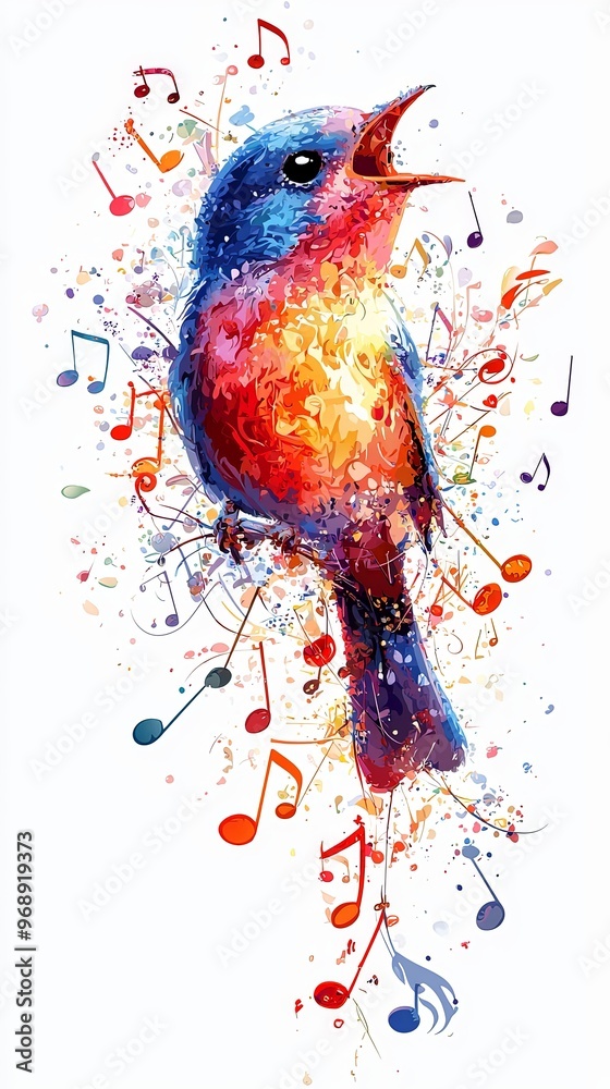 A brilliantly colored bird is surrounded by flowing musical notes in an artistic portrayal, representing music, color, and artistic expression in a vivid manner. A brilliantly colored bird is surrounded by flowing musical notes in an artistic portrayal, representing music, color, and artistic expression in a vivid manner.