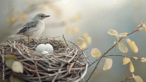 A mother bird turning her eggs in a nest.