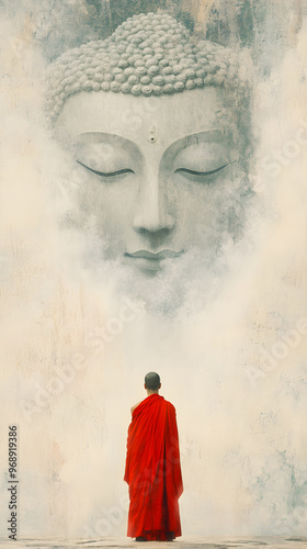 A serene scene where a monk in a vivid red robe stands with their back to the viewer, gazing up at a colossal, ethereal Buddha face that seems to form out of mist and smoke