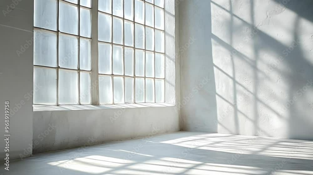 Sunlight streams through a large window in a spacious white room.