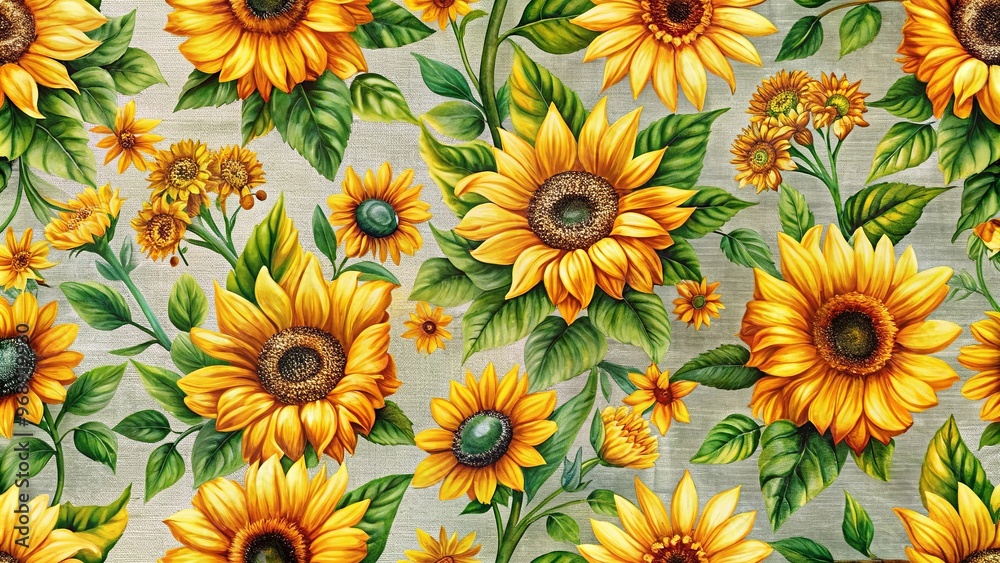 Sunflower print fabric with vibrant leaves and flowers for a cheerful and summery aesthetic Sunflower print fabric with vibrant leaves and flowers for a cheerful and summery aesthetic