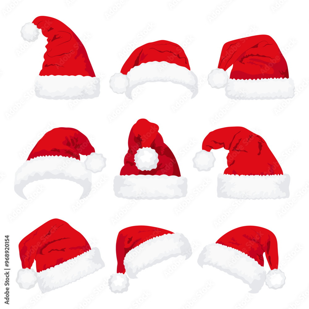 Set of red Christmas Santa Claus hats isolated on white background. Hand drawn simple Santa hats. Set of red Christmas Santa Claus hats isolated on white background. Hand drawn simple Santa hats.