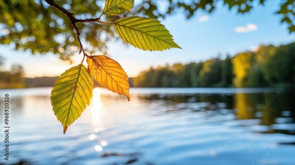 Obraz premium A peaceful morning view with the first rays of sunlight casting a glow on the lake's surface, accompanied by a close-up of golden-tinted leaves hanging from a branch.