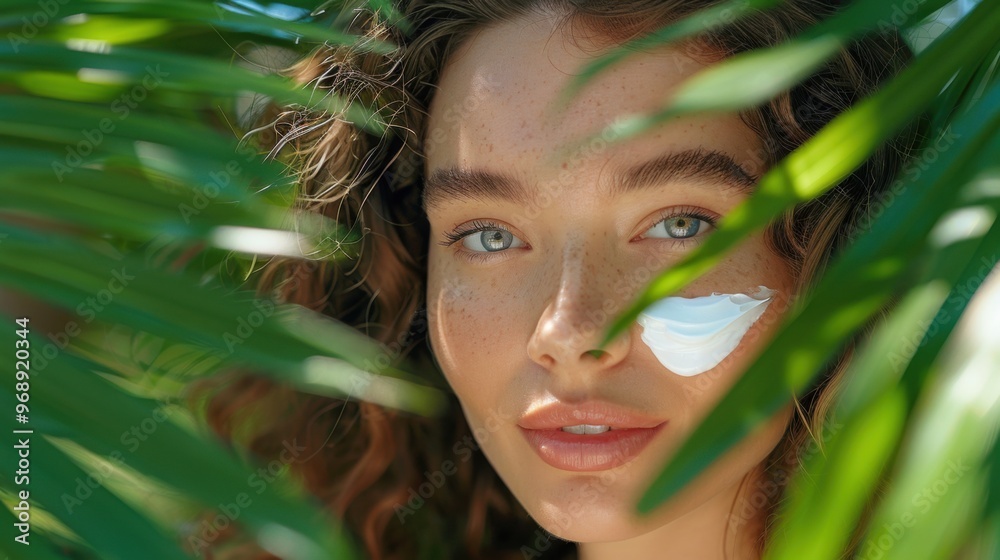 Natural beauty woman applying organic face cream, botanical garden setting, promoting natural skincare and environmental harmony. Natural beauty woman applying organic face cream, botanical garden setting, promoting natural skincare and environmental harmony.