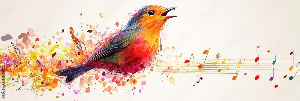 A brightly colored bird, rendered in a vibrant and abstract style, sings proudly as musical notes float around it, representing the fusion of nature and art. A brightly colored bird, rendered in a vibrant and abstract style, sings proudly as musical notes float around it, representing the fusion of nature and art.