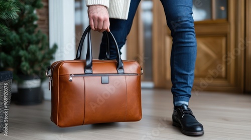 An individual holding a stylish brown leather bag while standing indoors, dressed in casual attire and ready for a day out or business meeting. photo