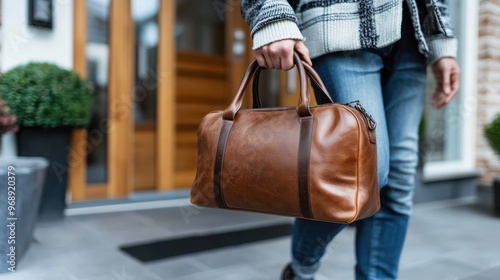 A person walking along a sidewalk carrying a small brown leather duffel bag, dressed in casual clothing and ready for a day of activities or travel. photo