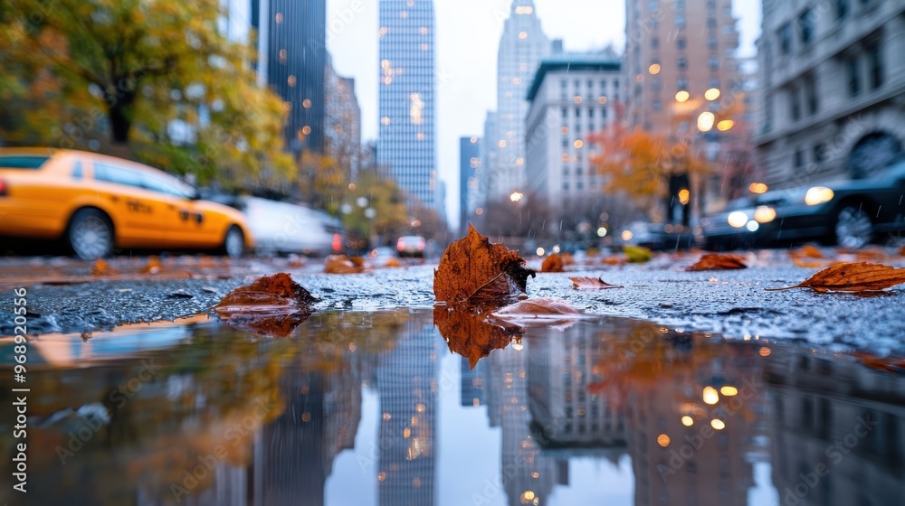 Fototapeta premium A busy urban street scene with yellow taxis and fallen autumn leaves on a rainy day, capturing the hustle and bustle of city life against a backdrop of tall buildings.