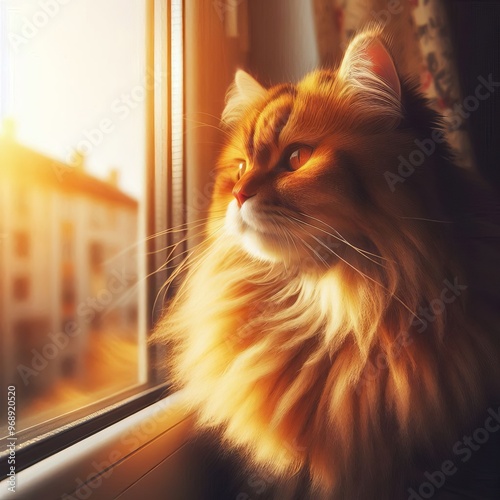 78 Sunny Sentinel A cat keeping watch by the window its fur shim photo