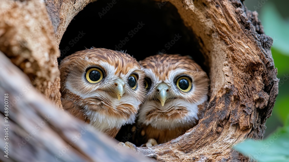 A charming pair of owls nestled snugly inside a tree hollow, peering curiously outside, encapsulating the wonder and coziness of wildlife habitats in nature. A charming pair of owls nestled snugly inside a tree hollow, peering curiously outside, encapsulating the wonder and coziness of wildlife habitats in nature.