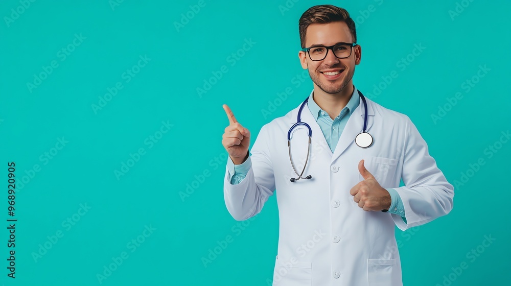 A smiling male doctor in a white coat, with a stethoscope and pen in his pocket, points to the left. A smiling male doctor in a white coat, with a stethoscope and pen in his pocket, points to the left.