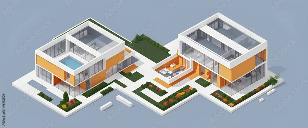 Illustrative frontal view of a new, modern and clearly architecturally planned house with insight into the room layouts, new modern architecture, architectural drawing Illustrative frontal view of a new, modern and clearly architecturally planned house with insight into the room layouts, new modern architecture, architectural drawing