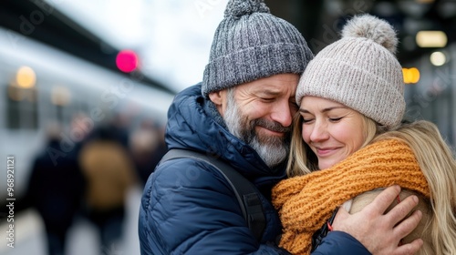 A couple warmly embraced on a train platform, smiling with eyes closed, wearing winter clothing, expressing love and warmth as they prepare to part or reunite at the station. photo