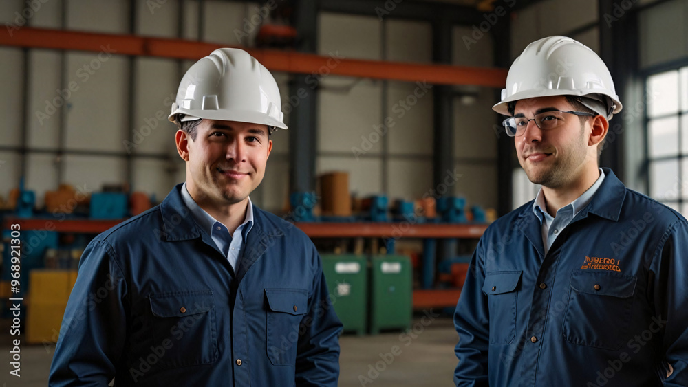 Two employees working in industry factory wear helmet for safety. Two employees working in industry factory wear helmet for safety.