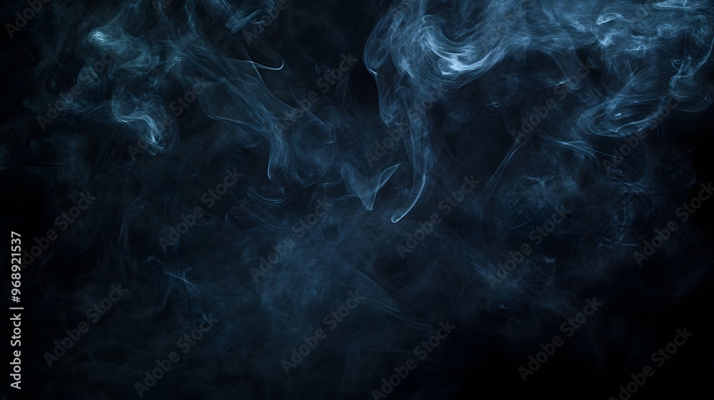 Obraz premium Swirling smoke patterns, black background, positioned in the upper third, illuminated by a single light source from above, creating a sense of mystery and depth