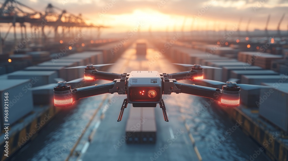 Naklejka premium Autonomous AI-controlled freight drones optimizing international shipping: Large drones autonomously transporting goods across seas and international borders for logistics companies.