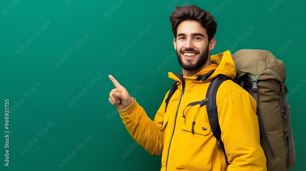 A young man in a yellow jacket and a backpack smiles and points to the left, against a green background. A young man in a yellow jacket and a backpack smiles and points to the left, against a green background.