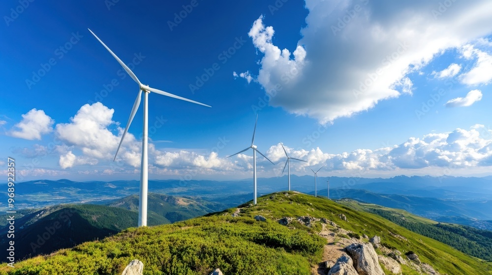 Wind turbines are placed on a lush green hilltop with a vast, clear blue sky and fluffy clouds overhead, showcasing renewable energy in harmony with nature's beauty.