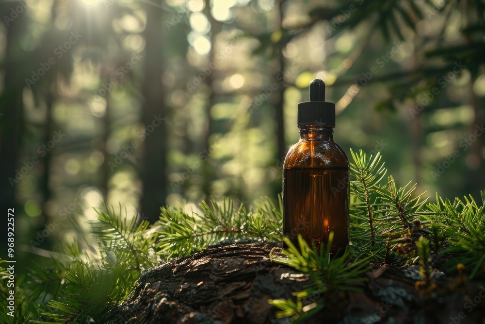 Fragrance Bottle on Evergreen Branch in Sunlit Forest - Nature-Inspired Aromatherapy Fragrance Bottle on Evergreen Branch in Sunlit Forest - Nature-Inspired Aromatherapy
