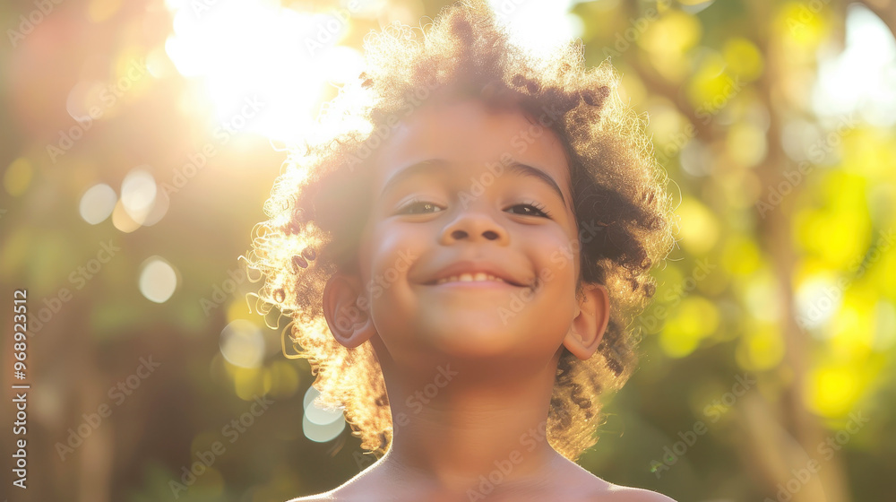 Fototapeta premium Portrait of a joyful Brazilian child with a warm smile backlit by sunlight