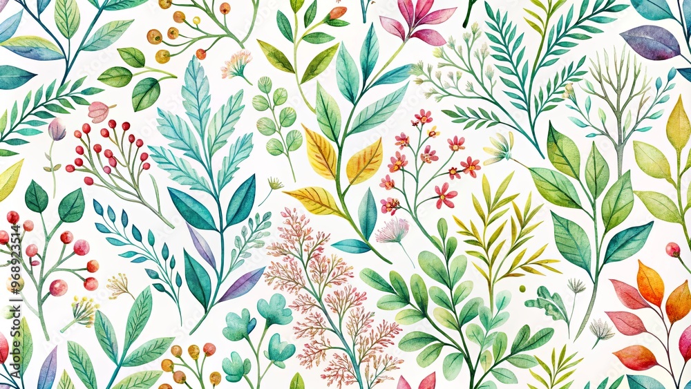 Fototapeta premium A delicate and intricate herbal branch pattern rendered in vibrant watercolors