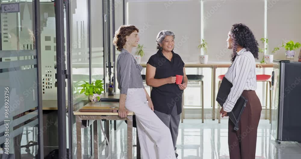 Indian young adult women intern old aged lady hold cup mug drink coffee talk gossip work place expert teen girl staff group team speak idea blab share enjoy fun joy tea break day spend time job office