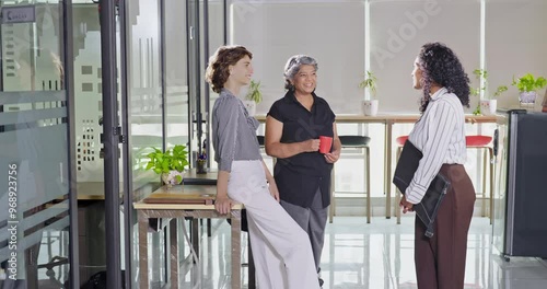 Indian young adult women intern old aged lady hold cup mug drink coffee talk gossip work place expert teen girl staff group team speak idea blab share enjoy fun joy tea break day spend time job office