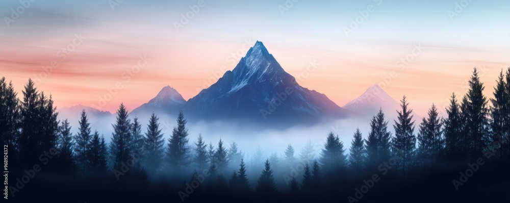 Fototapeta premium A muted gradient background featuring a misty mountain silhouette.