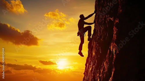 someone silhouette climb a difficult cliff handfree at sunset photo