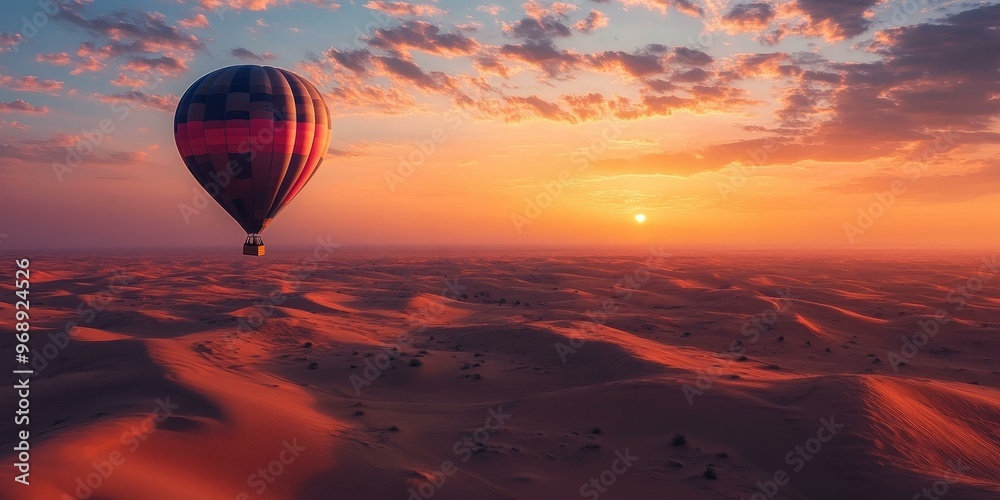 A hot air balloon floats over a desert at sunset. A hot air balloon floats over a desert at sunset.