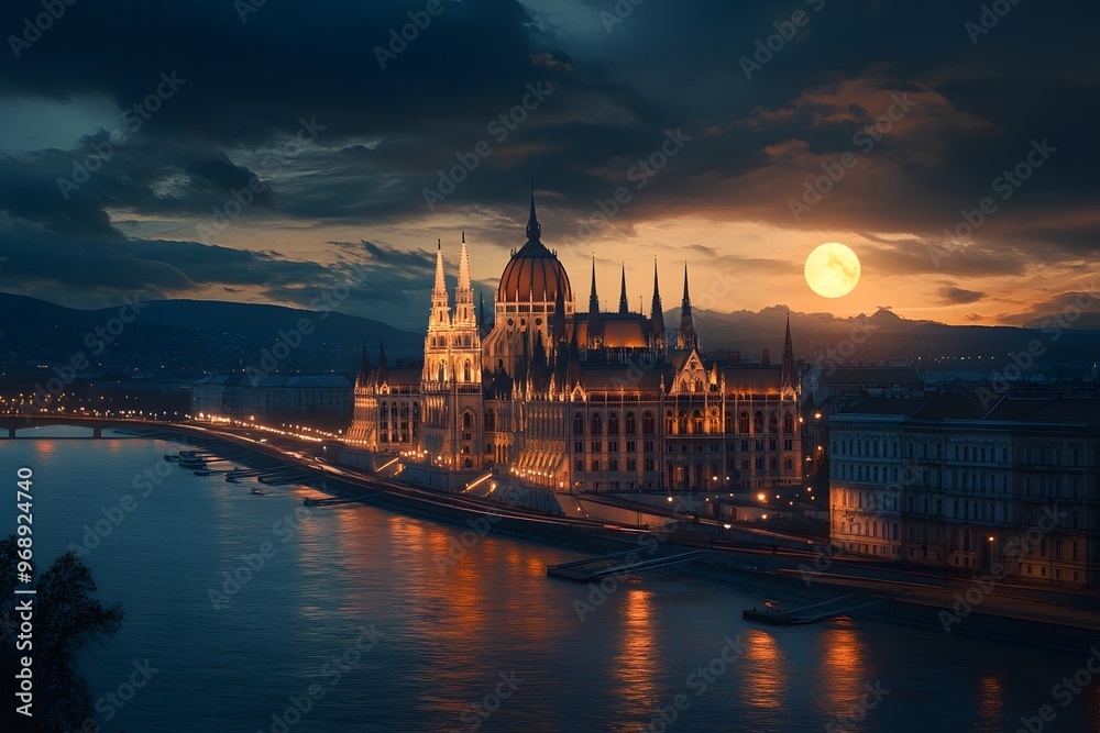 Fototapeta premium Hungarian Parliament Building Illuminated by Moon